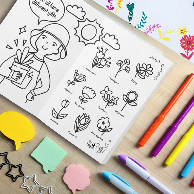 My Creative Diary open at We All Have Different Gifts, with flowers to color, next to markers and sticky notes.
