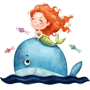 A red-haired mermaid girl rides a blue whale among colorful fish.