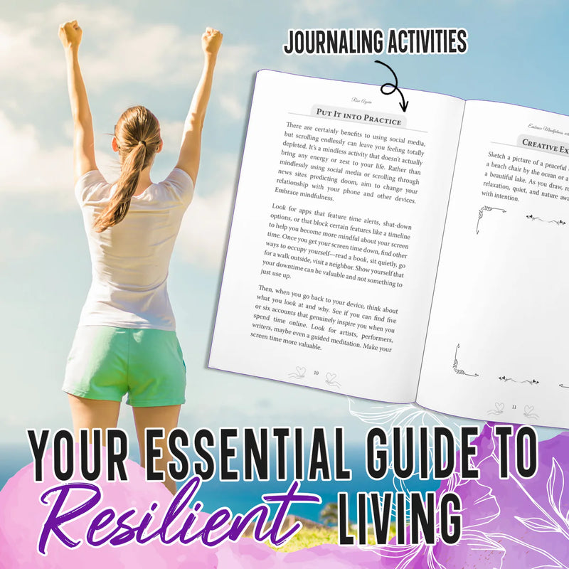 A woman raises her arms by the sea next to Rise Again open at its journaling activities: your essential guide to resilient living.