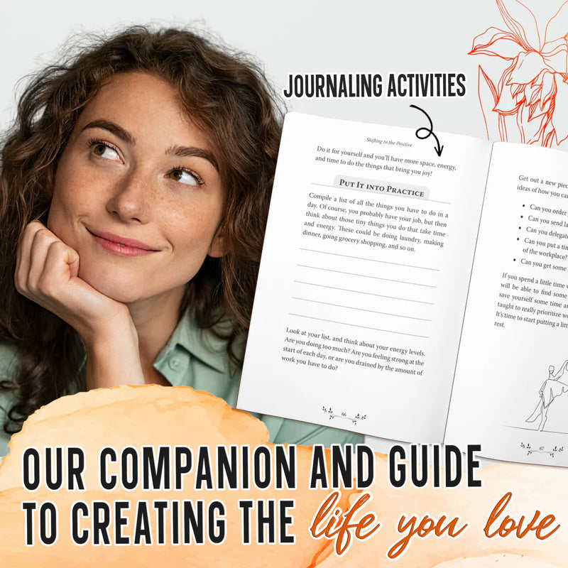 A thoughtful woman next to Shifting to the Positive open at its journaling activities: your companion and guide to creating the life you love.