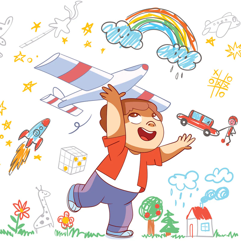 A boy from the book jumps for joy among colorful doodles of a plane, a rocket and a rainbow.