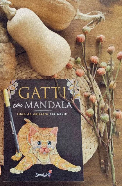 The coloring book Gatti con Mandala with pumpkins and dried flowers