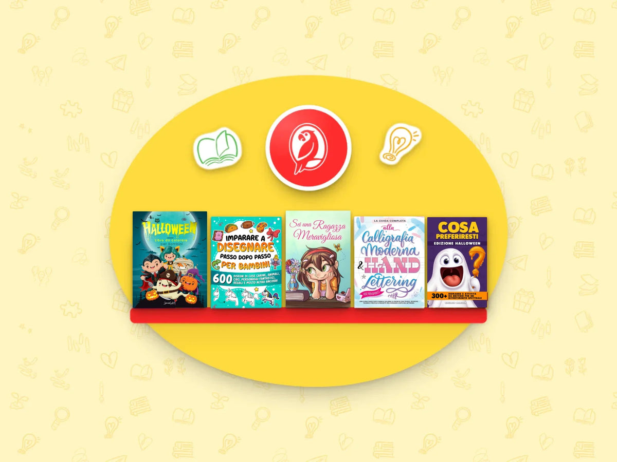 Una mensola con cinque libri Special Art in italiano: da colorare, da disegnare, storie, lettering e giochi