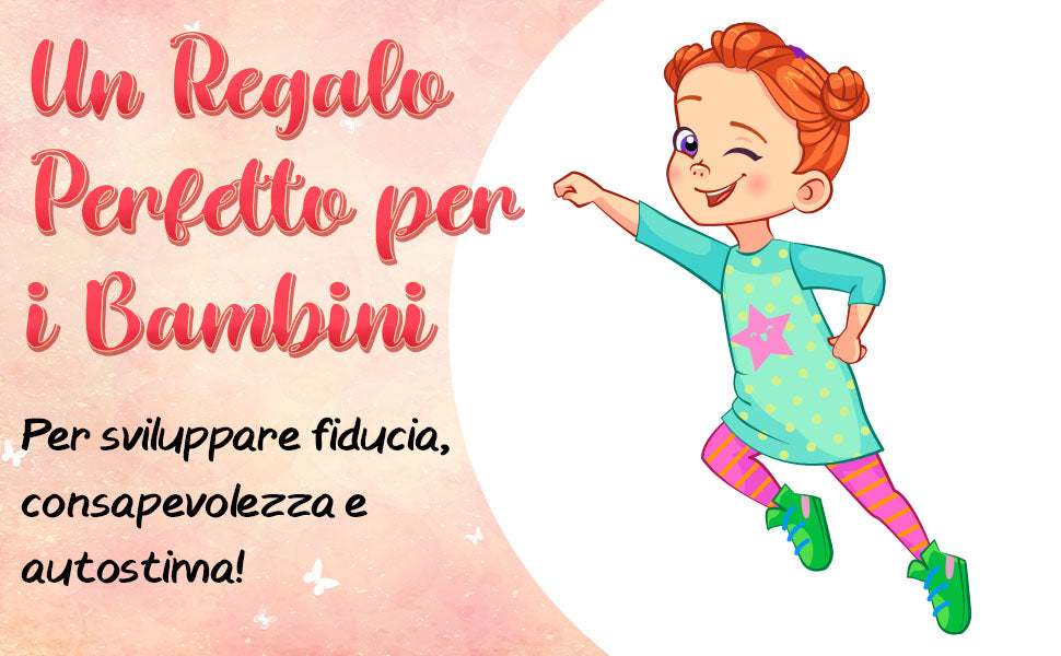 Il regalo giusto per far crescere fiducia e autostima: una bambina dai capelli rossi salta in avanti facendo l’occhiolino.