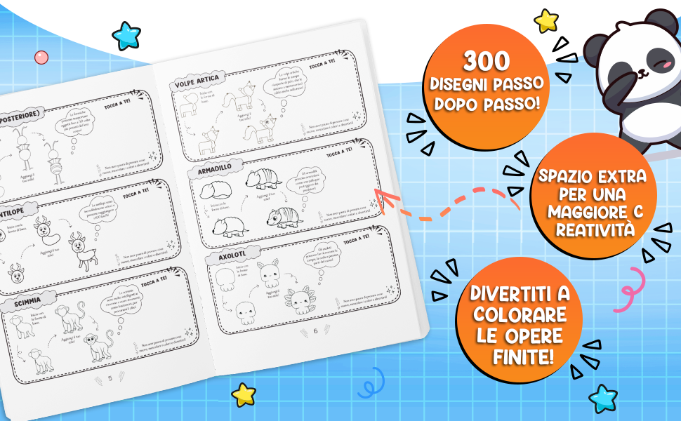 Il libro aperto sulla volpe artica, l’armadillo, l’axolotl e la scimmia, con tre note: 300 disegni passo dopo passo, spazio in più per la creatività, disegni finiti da colorare.