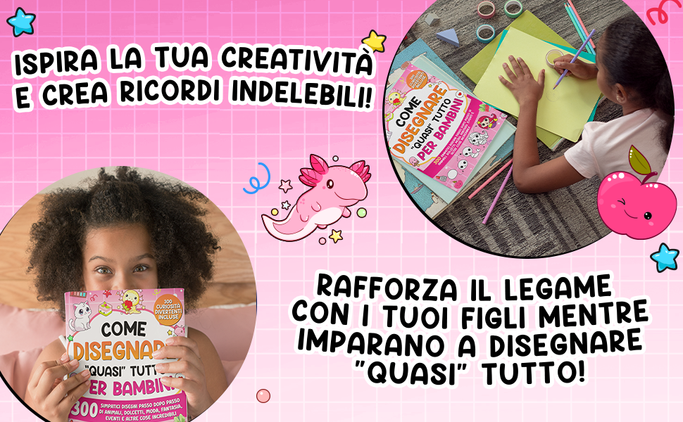 Tante cose fantastiche da disegnare: una bambina sbuca da dietro il libro rosa e un’altra disegna sul pavimento lì accanto.
