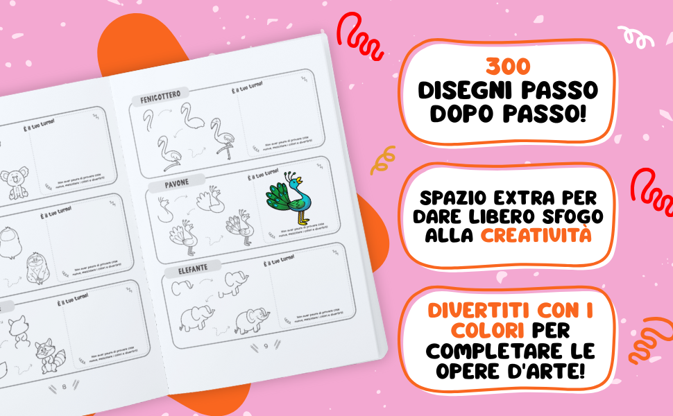 Il libro aperto sul fenicottero, il pavone e l’elefante, con tre note: 300 disegni passo dopo passo, spazio in più per la creatività, disegni finiti da colorare.