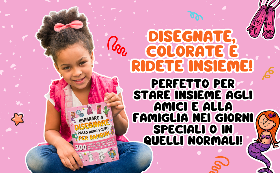Disegnare, colorare e ridere insieme: una bambina sorridente, seduta a gambe incrociate, tiene il libro rosa.