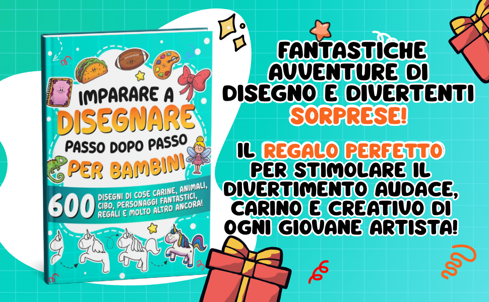 Il libro accanto a due pacchi regalo, con una scritta che lo propone come regalo per ogni piccolo artista.