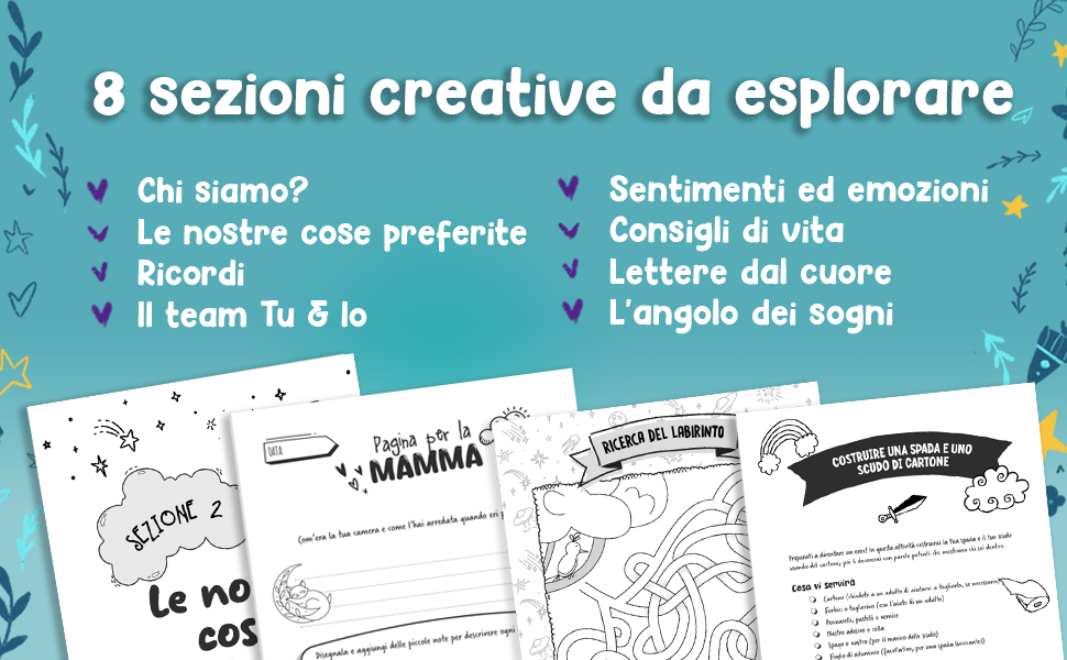 8 sezioni creative, con pagine come «Le nostre cose preferite», la pagina della mamma, un labirinto e la spada con lo scudo di cartone da costruire.