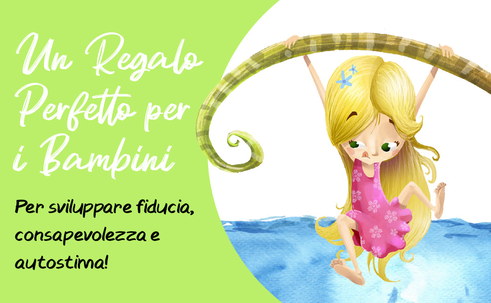 Il regalo giusto per far crescere fiducia e autostima: una bambina bionda si dondola da un ramo sopra l’acqua.