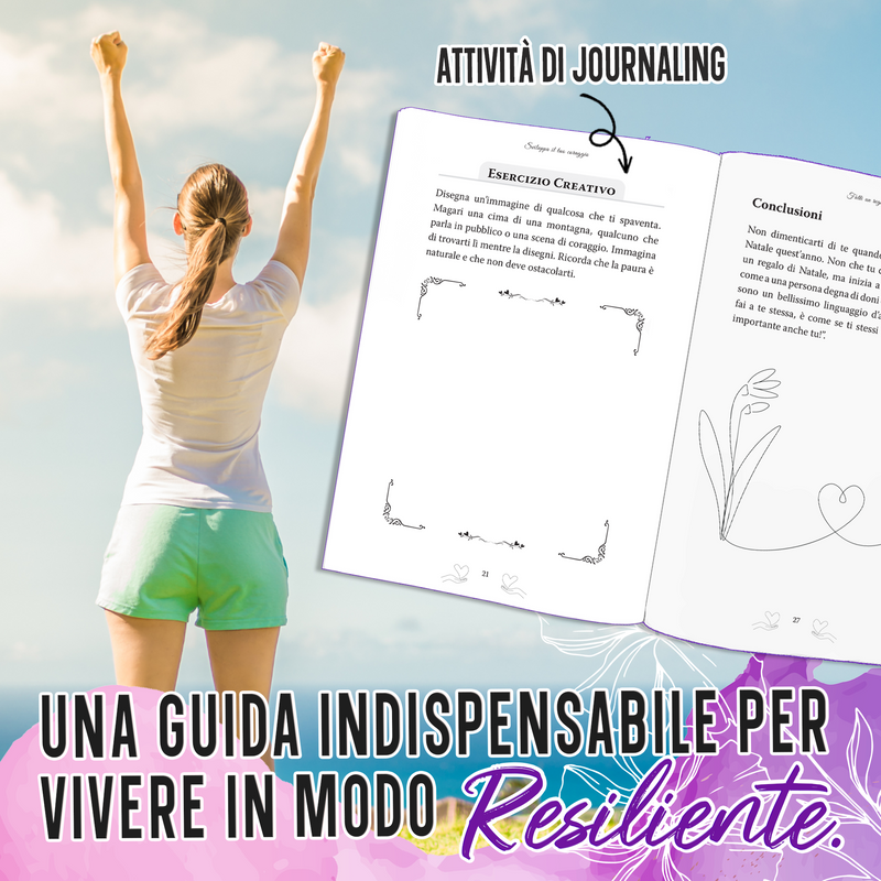 Una donna alza le braccia in riva al mare, accanto a Torna a splendere aperto sulle attività di scrittura: la tua guida per vivere con più resilienza.