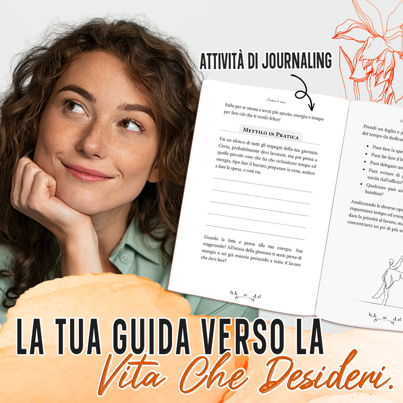 Una donna pensierosa accanto ad Adotta una mentalità positiva aperto sulle attività di scrittura: la tua compagna e guida per costruire la vita che desideri.