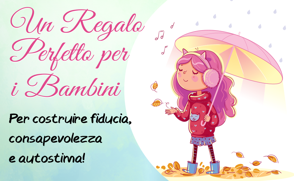 Il regalo giusto per far crescere fiducia e autostima: una bambina con l’ombrello cammina tra le foglie d’autunno.