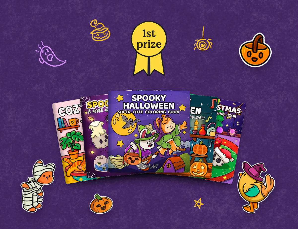 Four Special Art Halloween coloring books under a 1st prize rosette, with a witch chick, a bunny, a mummy cat and a pumpkin