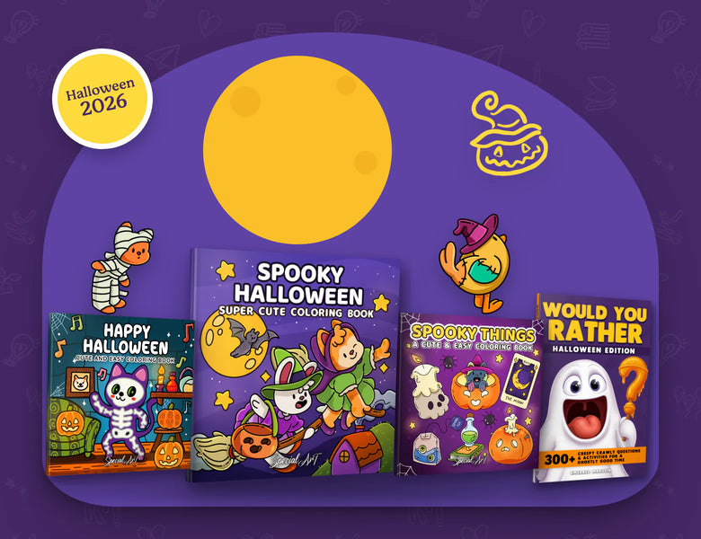 Happy Halloween, Spooky Halloween and Spooky Things coloring books and Would You Rather? Halloween Edition, under a rising moon, with characters from the books