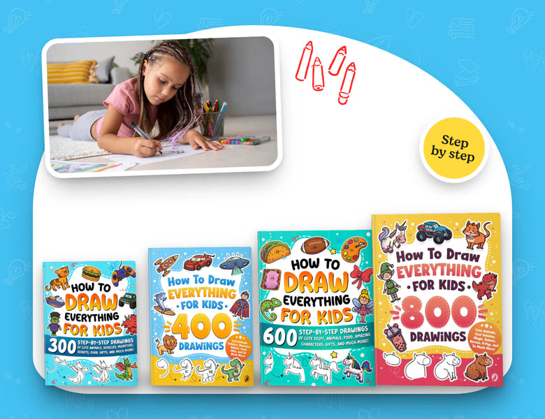 A girl drawing on the floor, with How to Draw Everything for Kids books with 300, 400, 600 and 800 drawings