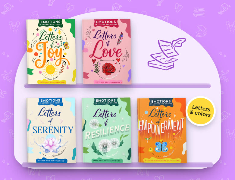 Five Letters of… hand-lettering books, Joy, Love, Serenity, Resilience and Empowerment, on two shelves