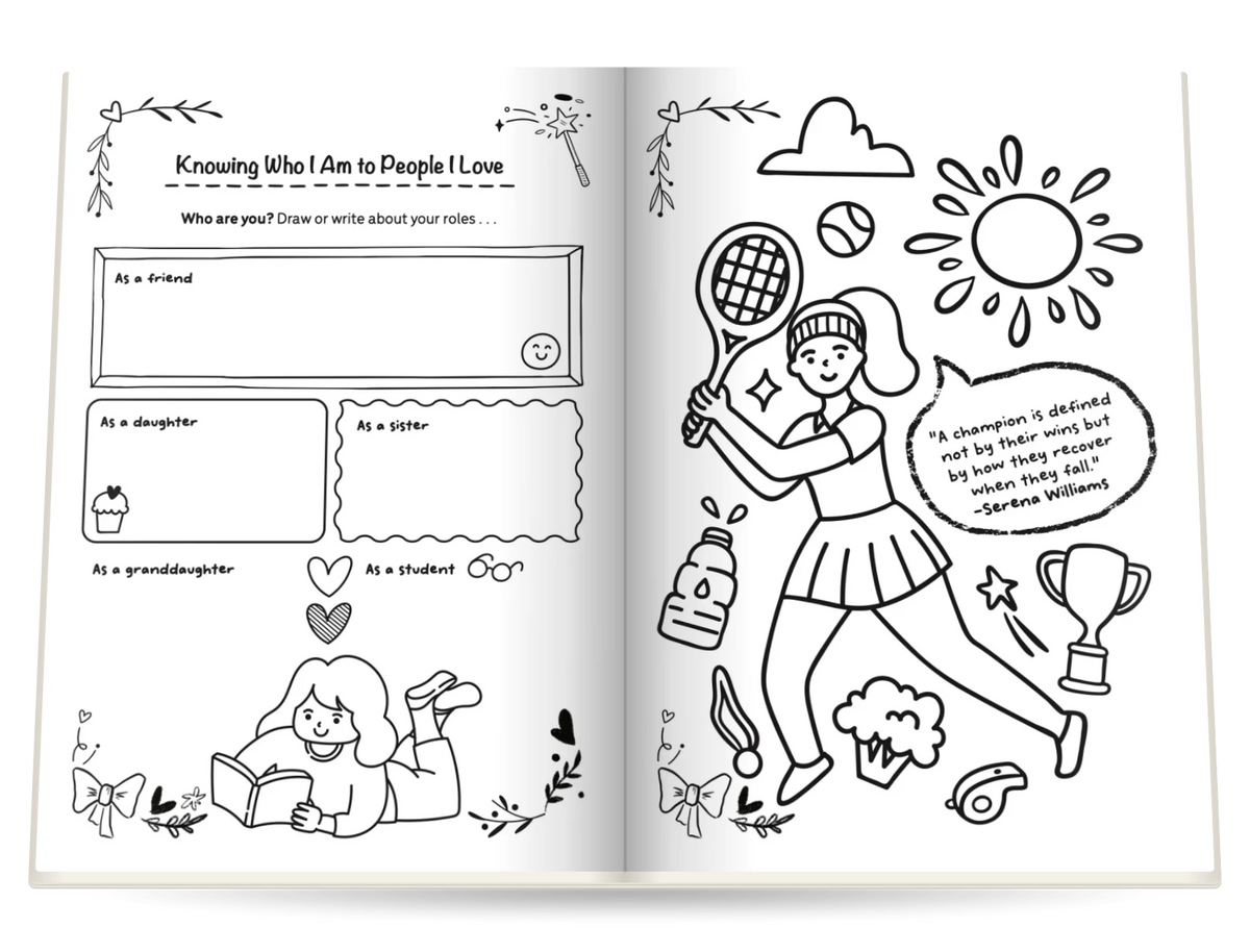 My Creative Diary open at two pages: «Knowing Who I Am to People I Love» and a girl playing tennis to color