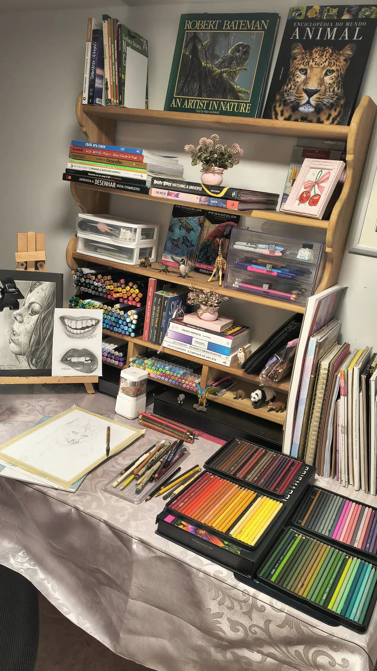 Luara Rios’s desk with colored pencils, sketches and shelves full of art books