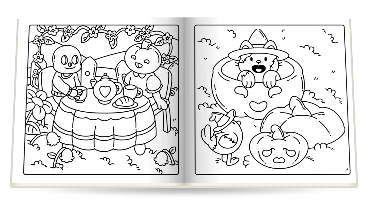 Spooky coloring pages open side by side: a tea party with a pumpkin friend and a cat peeking out of a pumpkin