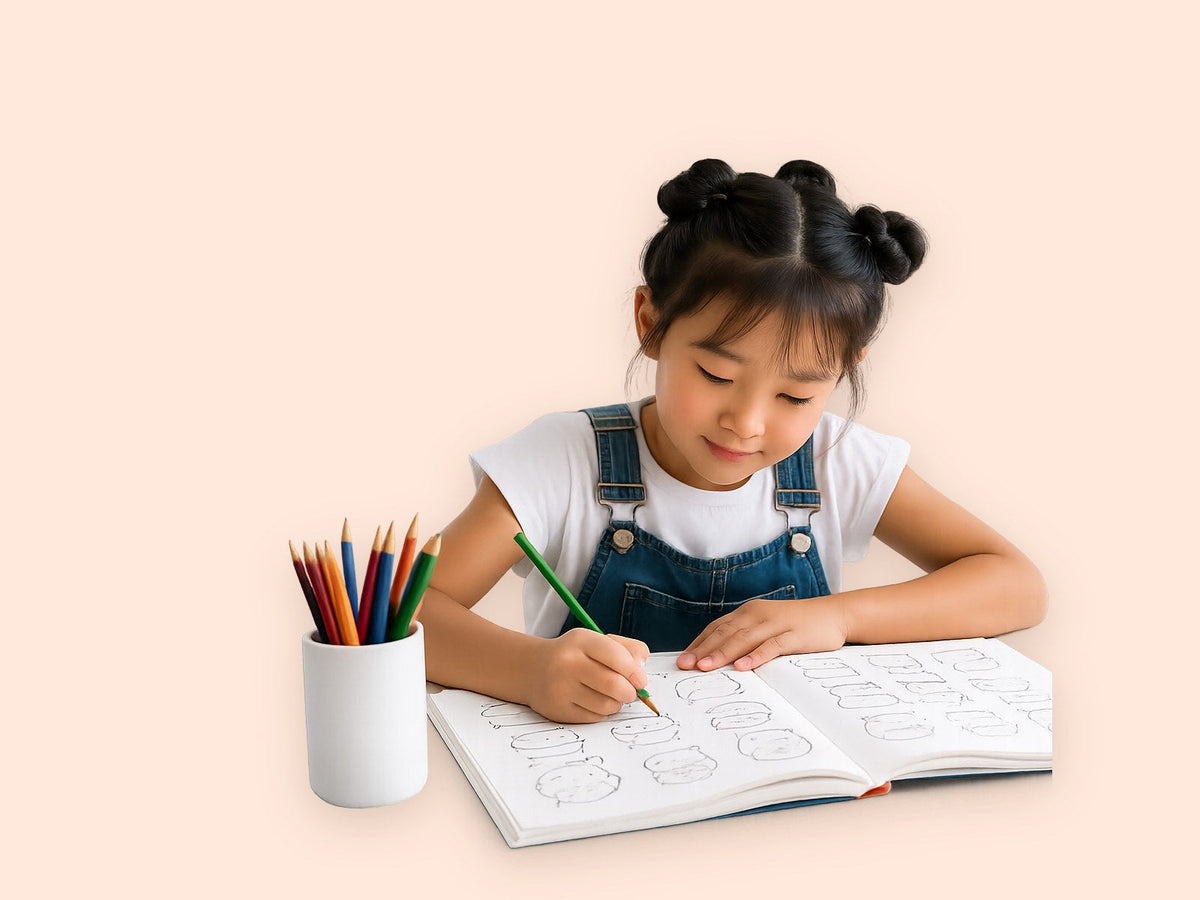Una bambina colora un libro di attività, con un bicchiere di matite colorate