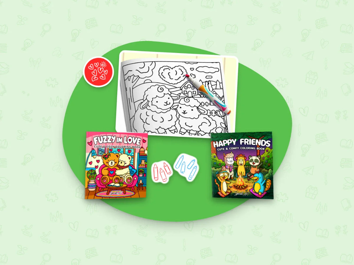 Fuzzy in Love and Happy Friends with a page to color and two bunches of crayons