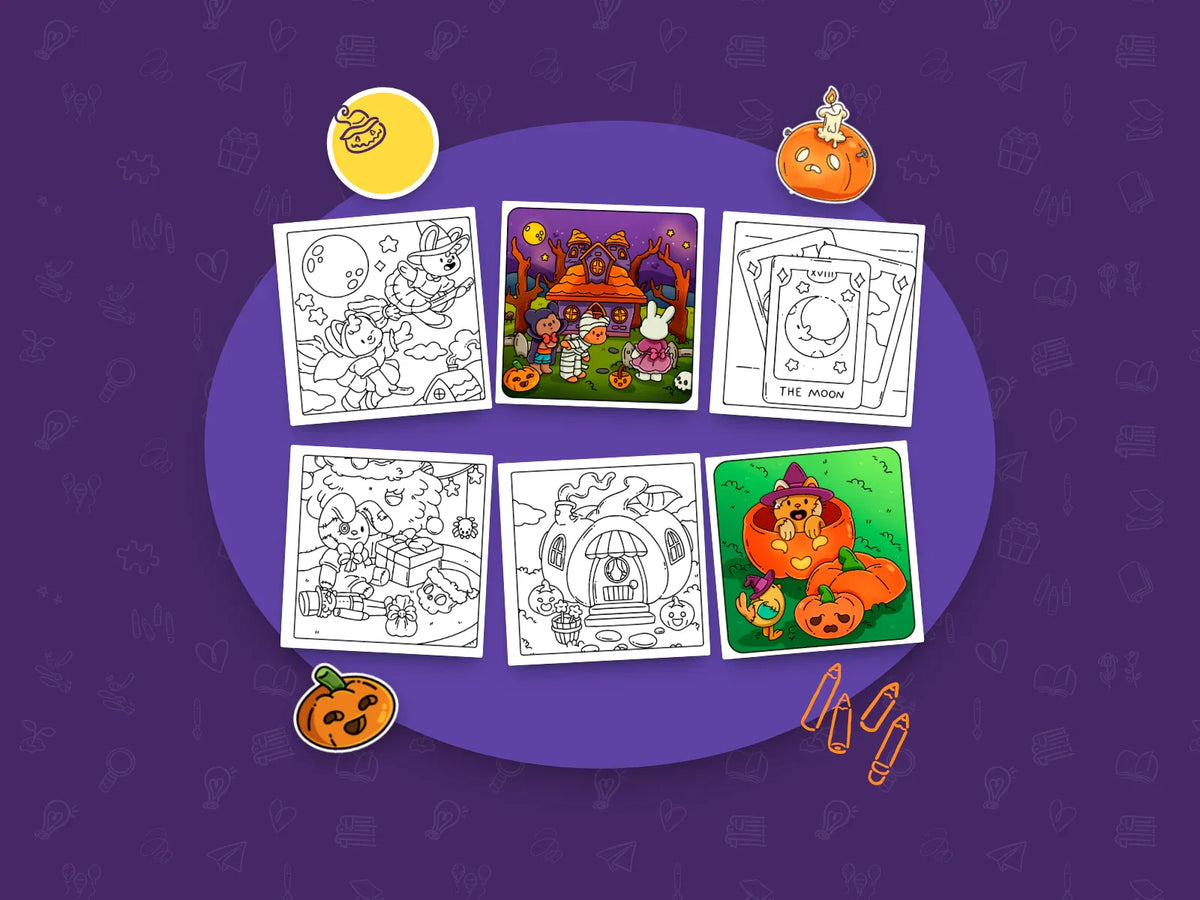 Four pages of the Halloween gift and two pages colored by Saemi Oliveira, with pumpkins