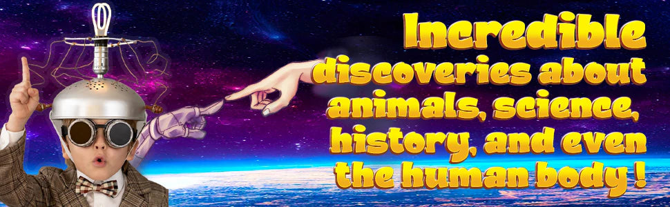 A boy in goggles and a colander helmet raises a finger: incredible discoveries about animals, science, history, and even the human body.