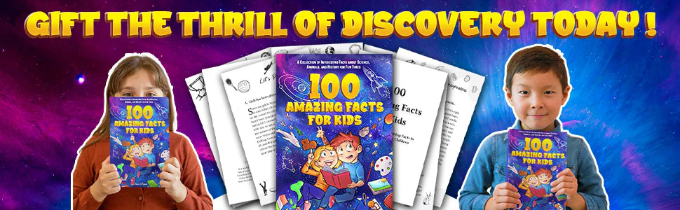 A girl and a boy hold up 100 Amazing Facts for Kids among its pages: gift the thrill of discovery today.