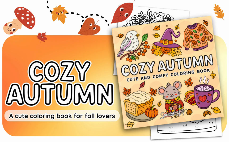 Cozy Autumn, Cute and Comfy Coloring Book: the cover, with a little bird, a witch hat, a leafy sweater, a slice of cake, a mouse in a scarf and a mug of cocoa.