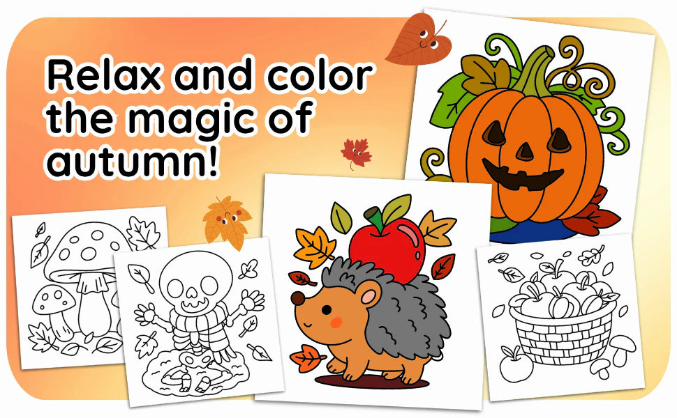 Relax and color the magic of autumn: a jack-o’-lantern and a hedgehog with an apple, colored in, among three black and white pages with mushrooms, a skeleton in the leaves and a basket of apples.