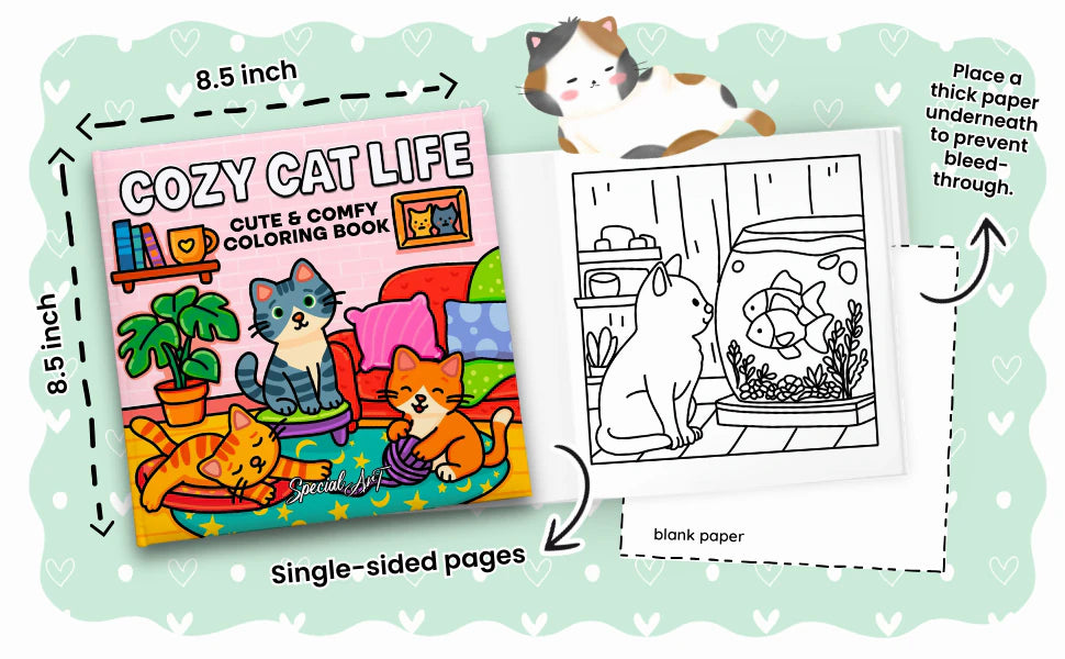 Cozy Cat Life is 8.5 by 8.5 inches with single-sided pages and a blank back. A note says: place a thick paper underneath to prevent bleed-through.