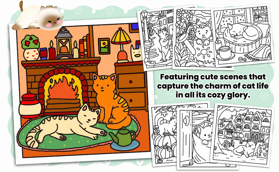 A fireplace scene colored in, with two cats, beside six black and white pages: cute scenes that capture the charm of cat life in all its cozy glory.