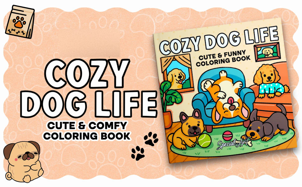 Cozy Dog Life, Cute & Comfy Coloring Book: the cover, with dogs playing in a cozy living room.