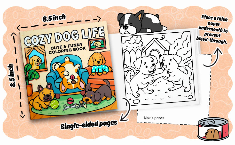 Cozy Dog Life is 8.5 by 8.5 inches with single-sided pages and a blank back. A note says: place a thick paper underneath to prevent bleed-through.