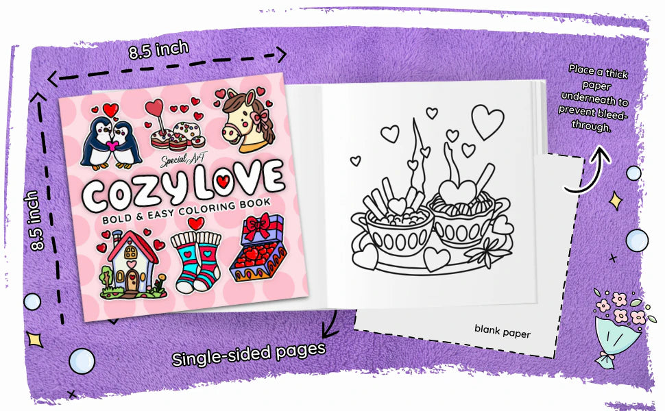 Cozy Love is 8.5 by 8.5 inches with single-sided pages and a blank back. A note says: place a thick paper underneath to prevent bleed-through.