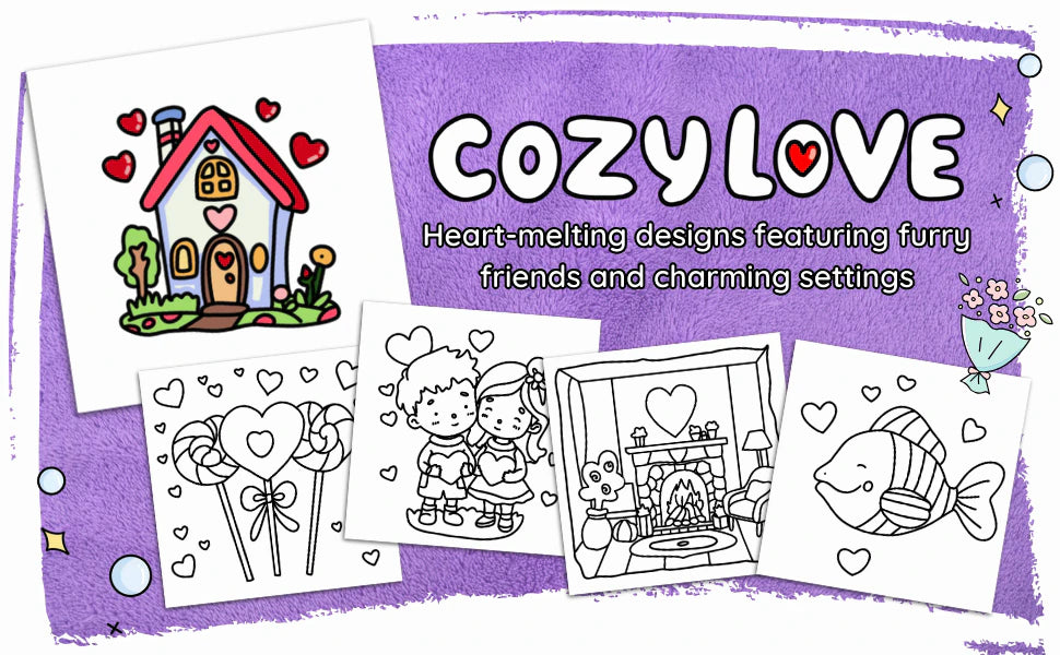 A colored little house with hearts beside four black and white pages: heart-melting designs featuring furry friends and charming settings.