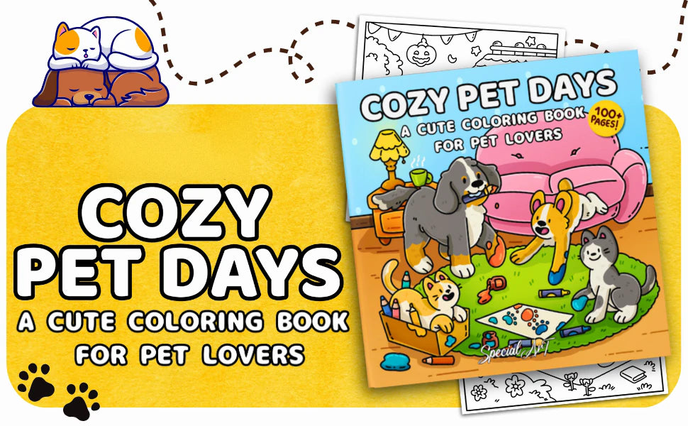 Cozy Pet Days, A Cute Coloring Book for Pet Lovers: the cover, with dogs and cats playing with crayons by a pink sofa.