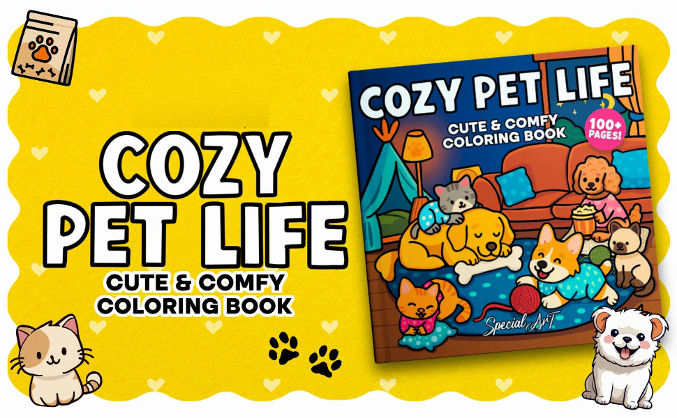 Cozy Pet Life, Cute & Comfy Coloring Book: the cover, with cats and dogs relaxing in a living room.