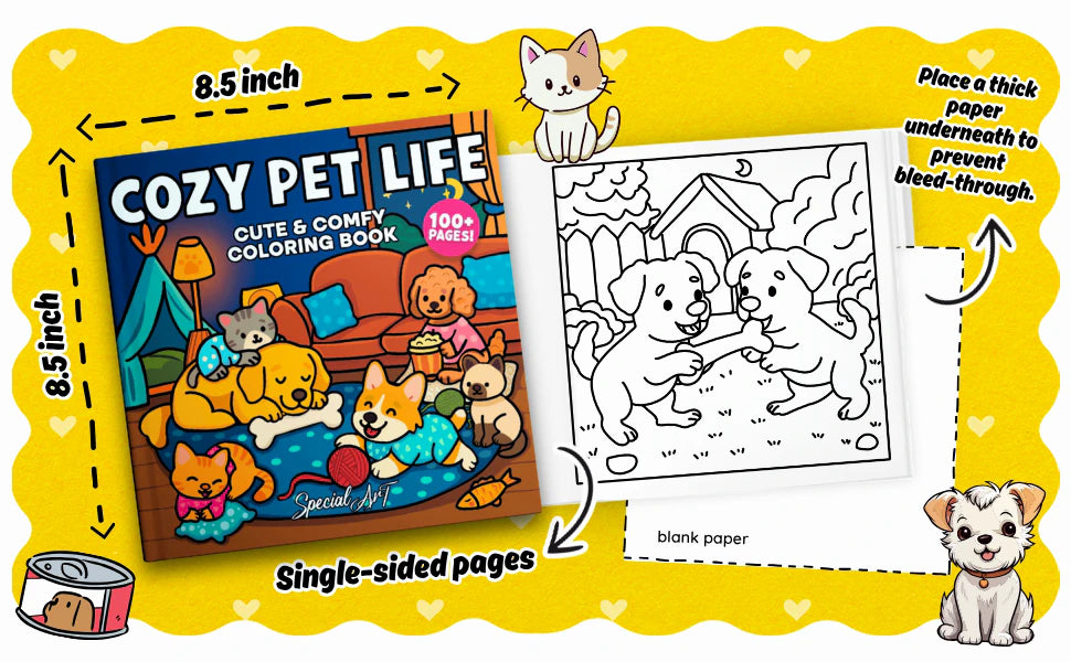 Cozy Pet Life is 8.5 by 8.5 inches with single-sided pages and a blank back. A note says: place a thick paper underneath to prevent bleed-through.