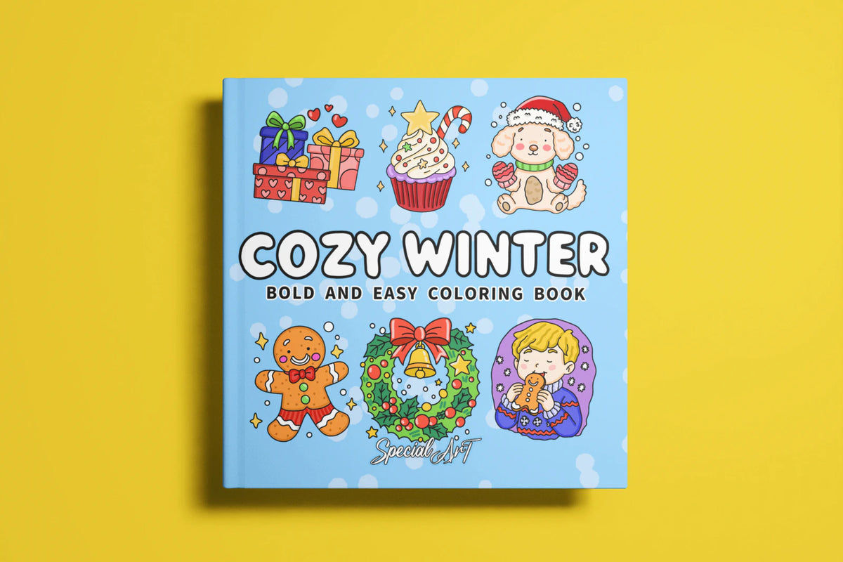 Cozy Winter, Bold and Easy Coloring Book: the square book on a yellow table, with gifts, a cupcake, a puppy in a Santa hat, a gingerbread man, a wreath and a boy with a cookie on the cover.