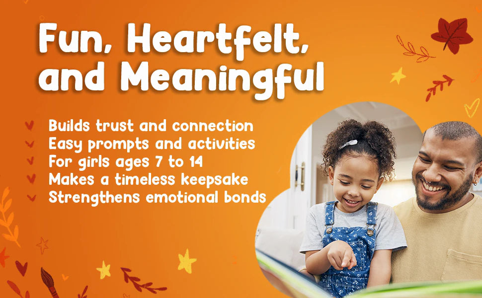 Fun, Heartfelt, and Meaningful: a smiling girl points at a page while her dad laughs beside her.
