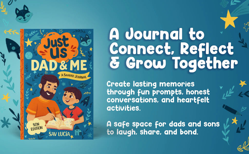 Dad & Me, Son Edition: the cover next to the words A Journal to Connect, Reflect & Grow Together.