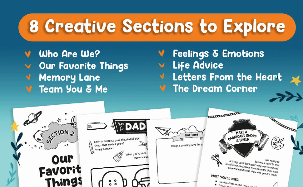 8 Creative Sections to Explore, with pages like Our Favorite Things, Page for Dad, Our Card and Make a Cardboard Sword & Shield.
