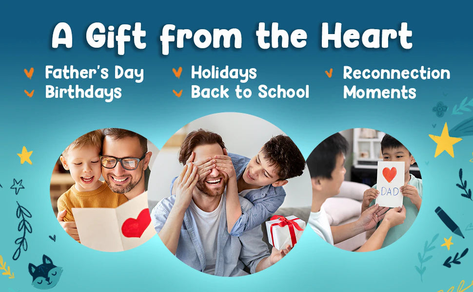 A Gift from the Heart: three photos of dads and sons with a heart card, a gift and a card that says Dad.