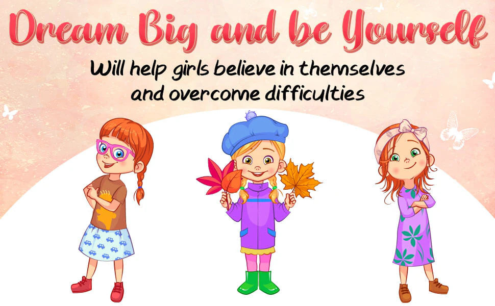 Dream Big and Be Yourself will help girls believe in themselves and overcome difficulties: three girls from the stories, one holding autumn leaves.