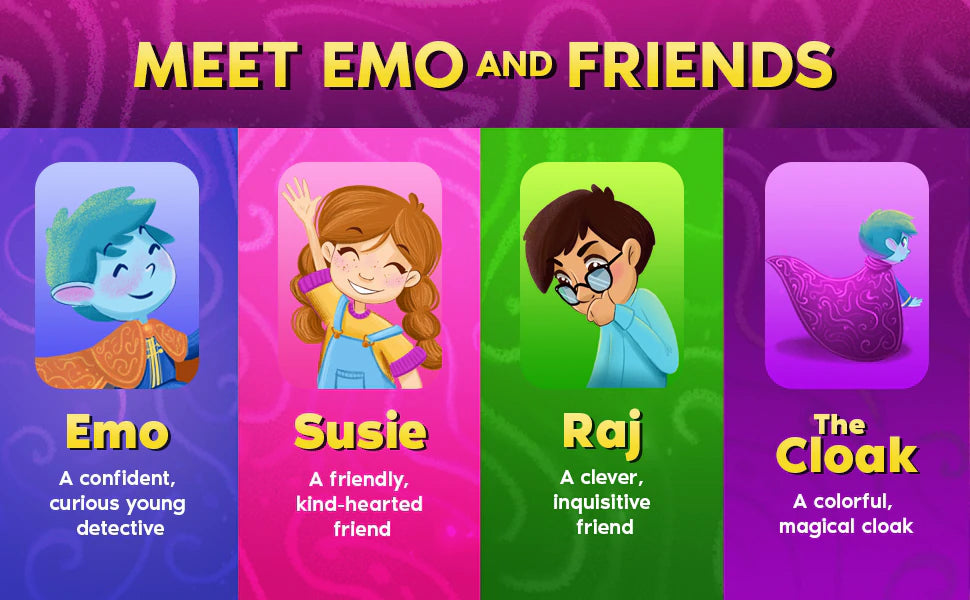 Meet Emo and friends: Emo, Susie, Raj and the Cloak, each on a colored card with a short description.