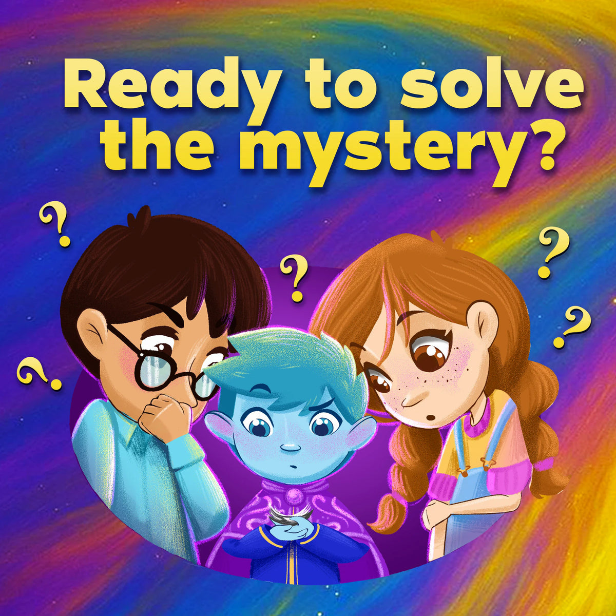 Ready to solve the mystery? Emo and two friends look puzzled among floating question marks.
