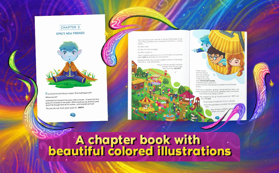 A chapter book with beautiful colored illustrations: the book open at Chapter 2, Emo’s New Friends.